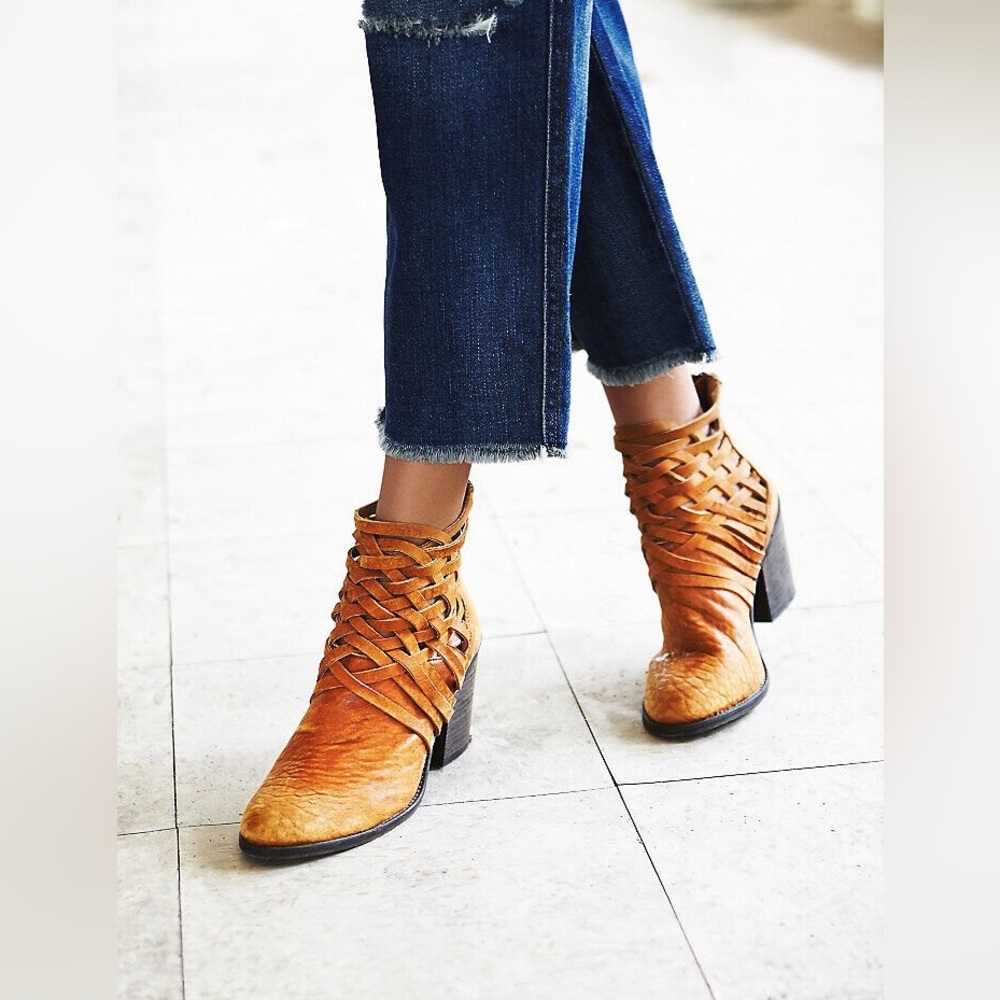 Free People Women’s Carrera Lattice Leather Woven Strappy Ankle Bootie in Tan